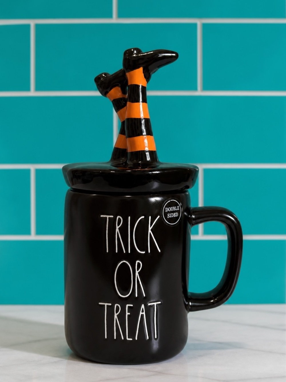 Rae Dunn Trick or Treat Cup Witches Feet Topper Coffee Mug Black Halloween